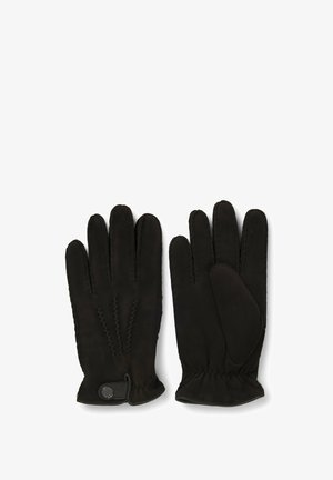 Black gloves with a soft, smooth texture, featuring stitched detailing on the back and a leather accent at the wrist.