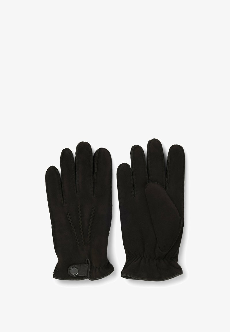 Guanti neri con una texture morbida e liscia, caratterizzati da dettagli cuciti sul retro e un accento in pelle al polso.