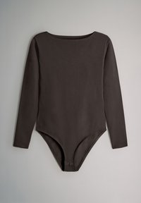 Body z długim rękawem w ciemnoszarym kolorze, z okrągłym dekoltem i zapięciem na zatrzaski u dołu. Wykonany z gładkiej, elastycznej tkaniny.