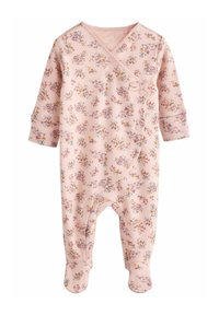 Tutina per neonate a maniche lunghe con motivo floreale rosa, chiusura a scatto, design con piedini e un piccolo fiocco decorativo vicino al collo.