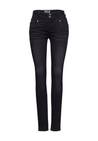 Černé džíny skinny s vysokým pasem mají dvě přední kapsy a zapínání na pět knoflíků. Materiál má hladkou texturu s minimálním vyblednutím.