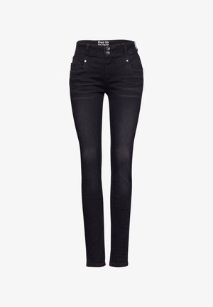 I jeans skinny in denim nero presentano una vita alta, due tasche frontali e una chiusura a cinque bottoni. Il tessuto ha una superficie liscia con una leggera scoloritura.