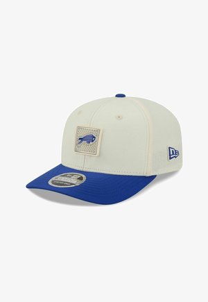 Casquette snapback blanche et bleue avec un patch logo buffle bleu sur le devant et logo New Era brodé sur le côté.