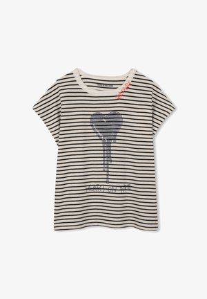 T-shirt à manches courtes rayé en crème et marine, avec un motif de cœur orné de strass et un texte en dessous. Col rond et coupe décontractée.
