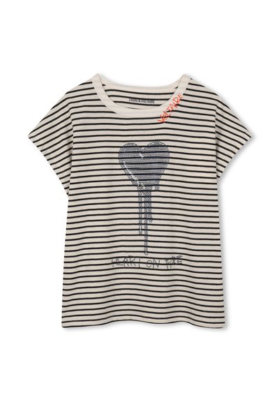 T-shirt à manches courtes rayé en crème et marine, avec un motif de cœur orné de strass et un texte en dessous. Col rond et coupe décontractée.