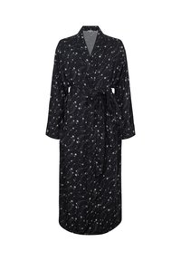 Schwarzer Bademantel mit weißen, wirbelnden Mustern, langen Ärmeln, einem Kragen und einem Taillenband. Verfügt über zwei Seitentaschen und eine glatte Stofftextur.