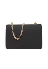 Black leather handbag with a gold chain strap and smooth texture. Rectangular shape with a subtle embossed logo on the front.