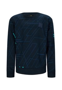 Felpa navy con maniche lunghe, caratterizzata da un motivo geometrico in blu e turchese, realizzata in tessuto morbido, con un'etichetta logo sul petto.