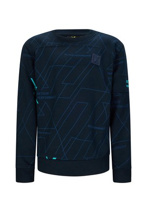 Felpa navy con maniche lunghe, caratterizzata da un motivo geometrico in blu e turchese, realizzata in tessuto morbido, con un'etichetta logo sul petto.