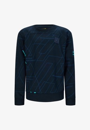 Marineblauwe sweatshirt met lange mouwen, voorzien van een geometrisch patroon in blauw en turquoise, gemaakt van zachte stof, en een logopatch op de borst.