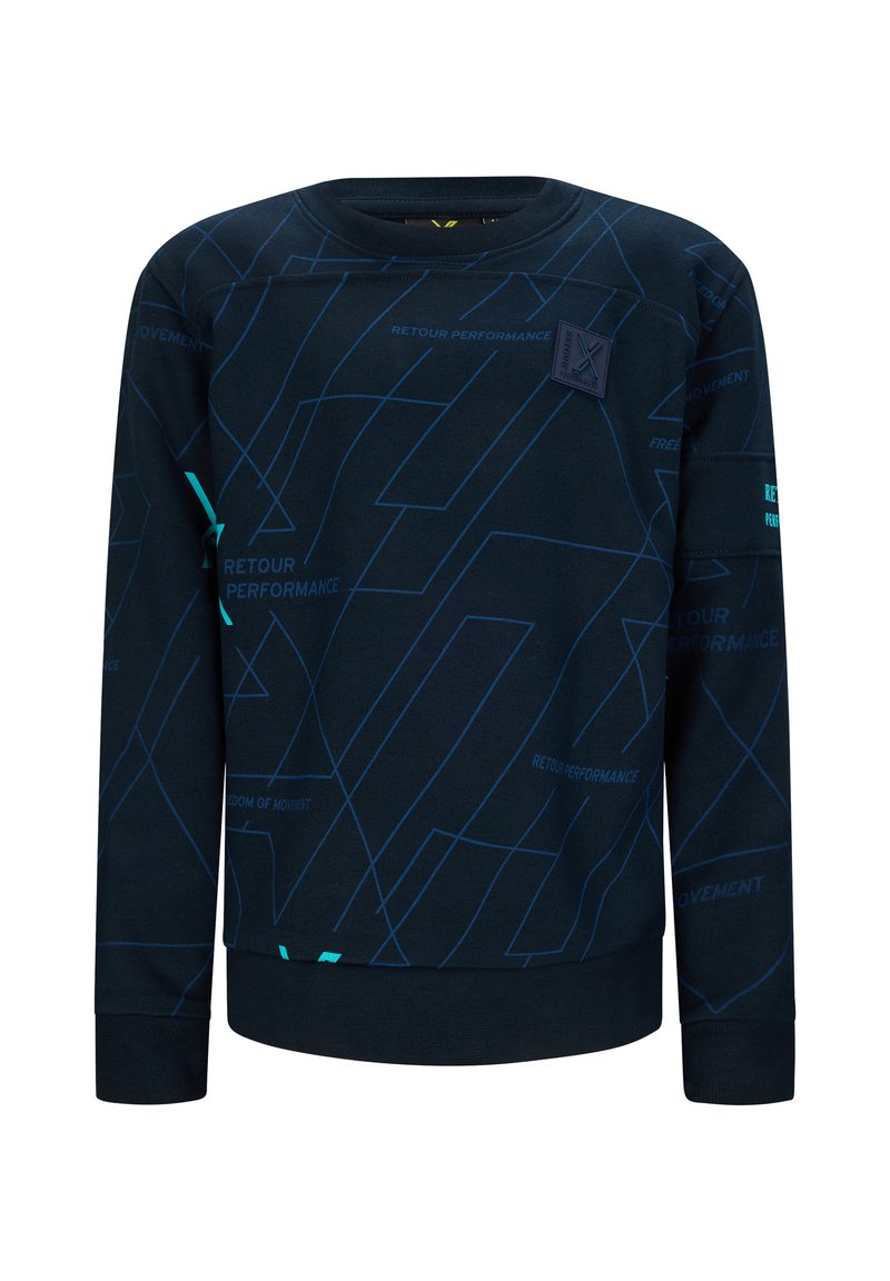 Felpa navy con maniche lunghe, caratterizzata da un motivo geometrico in blu e turchese, realizzata in tessuto morbido, con un'etichetta logo sul petto.