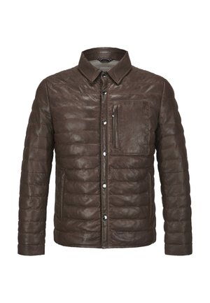 Braune gesteppte Lederjacke mit Druckknöpfen, Stehkragen und einer Reißverschlusstasche auf der Brust.