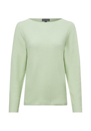 Hellgrüner Strickpullover mit einem Bootsausschnitt, langen Ärmeln und einer strukturierten Oberfläche, der ein einfaches, ungeschmücktes Design aufweist.