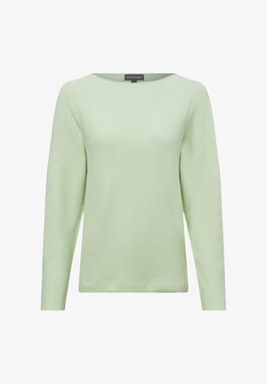 Hellgrüner Strickpullover mit einem Bootsausschnitt, langen Ärmeln und einer strukturierten Oberfläche, der ein einfaches, ungeschmücktes Design aufweist.
