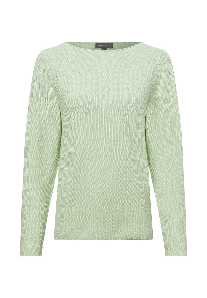 Hellgrüner Strickpullover mit einem Bootsausschnitt, langen Ärmeln und einer strukturierten Oberfläche, der ein einfaches, ungeschmücktes Design aufweist.