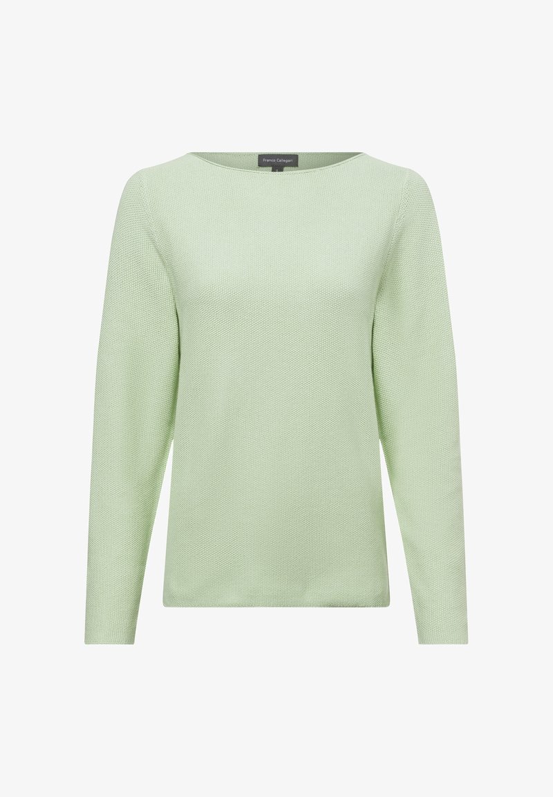 Hellgrüner Strickpullover mit einem Bootsausschnitt, langen Ärmeln und einer strukturierten Oberfläche, der ein einfaches, ungeschmücktes Design aufweist.