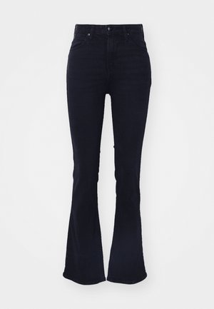 Donkerblauwe flared jeans met een hoge taille, gemaakt van denim, met klassieke vijf-pocket styling en een ritssluiting.