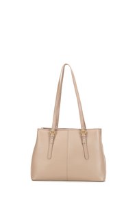 Borsa a spalla in pelle beige con due manici regolabili, dettagli in oro e una texture liscia. Presenta una forma strutturata e nessun motivo visibile.