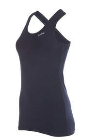 Canotta blu navy realizzata in tessuto elasticizzato. Presenta spalline incrociate e un design aderente. Dettaglio del logo minimale sul davanti.