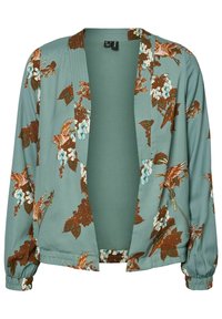 Blomstret jakke i en lys grønblå farve, lavet af glat stof. Har åben front, lange ærmer og elastiske manchetter med let samling.
