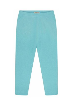 Kinder-Leggings mit hellblauem elastischem Bund aus weichem, dehnbarem Stoff, flach liegend ohne sichtbare Verschlüsse oder Taschen.