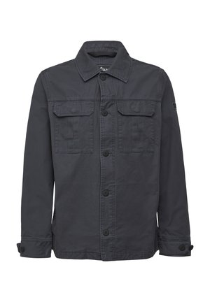 Dunkelgraue Jacke aus Baumwolle. Mit Kragen, zwei knöpfbaren Brusttaschen und einer vorderen Knopfleiste. Sauberes, minimalistisches Design.