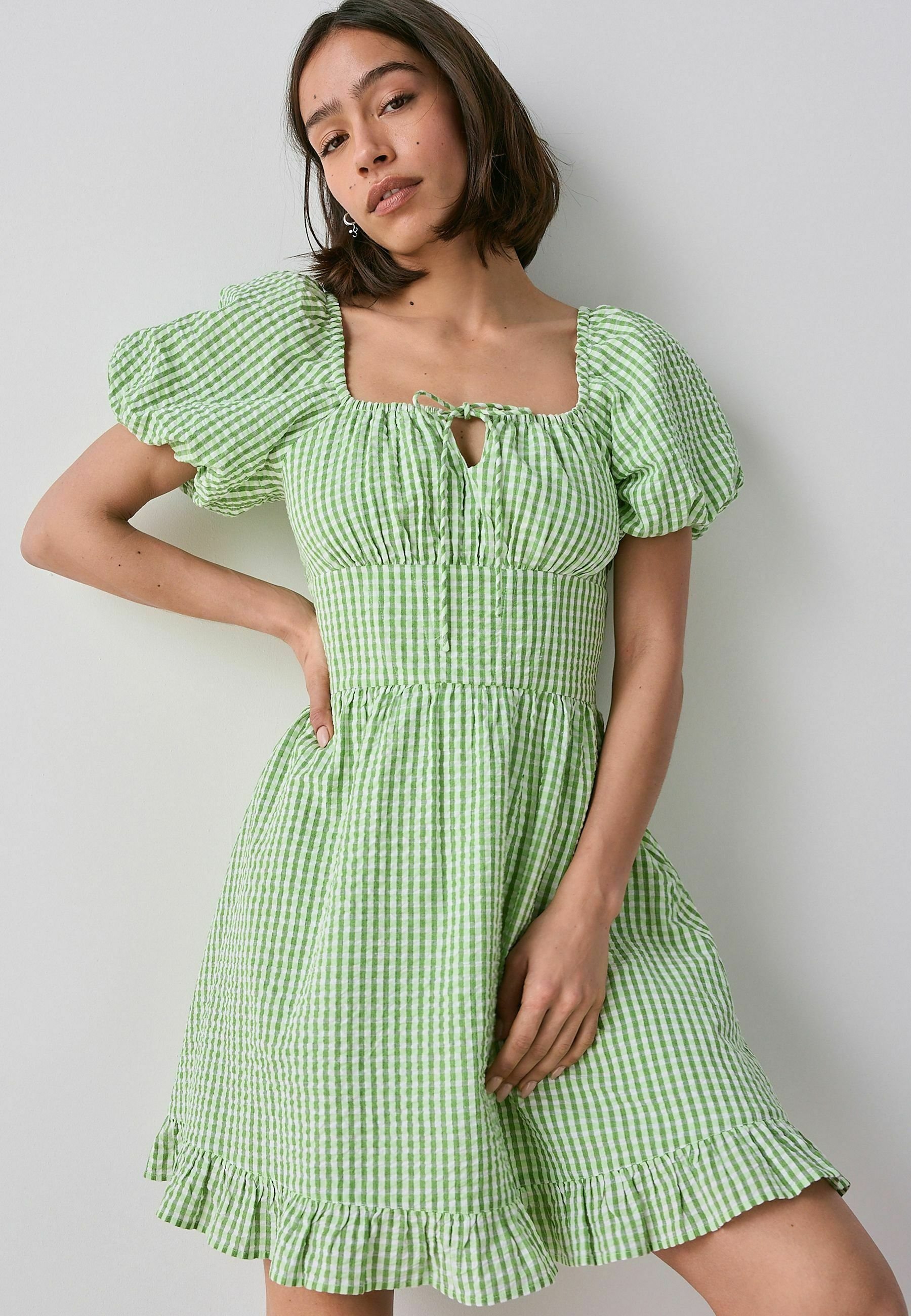 slim fit dress slacks Vintage 1940s Green Polka Dot Puff Sleeves Dress by Vicky Vaughn NWT main image 0