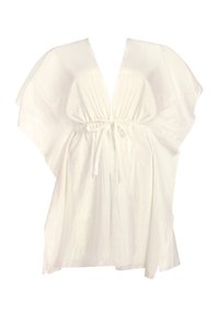 Biały top w stylu kimona, wykonany z lekkiego, błyszczącego materiału; posiada krótkie, szerokie rękawy oraz regulowany sznurek w talii.