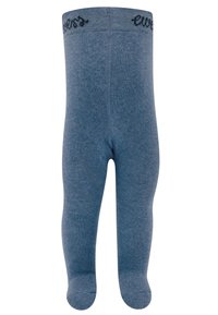 Collants en tricot bleu avec une finition texturée, dotés d'une taille avec le lettrage "eves" en noir. Tissu lisse, design sans coutures au niveau des orteils.