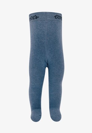 Blaue gestrickte Strumpfhosen mit strukturiertem Finish, ausgestattet mit einem Taillenbund mit schwarzer "eves"-Beflockung. Glatter Stoff, nahtloses Zehendesign.
