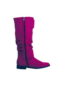 Knielange laarzen van felroze suède met een zijrits en een nonchalant ontwerp. Voorzien van een platte zwarte zool en een klittenbandsluiting als accent.