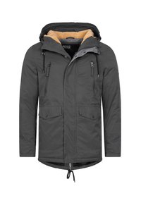 Chaqueta gris oscuro con cremallera frontal, capucha ajustable y dos bolsillos en el pecho. Forro interior de felpa beige para mayor calidez. Dobladillo con cordón ajustable.