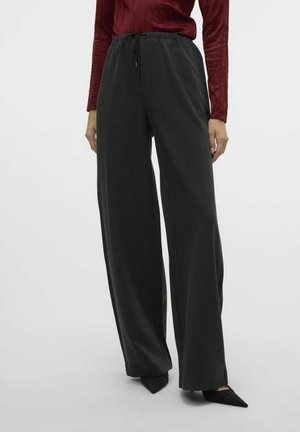 Pantalons à jambe large en tissu gris foncé avec une taille à cordon, présentant un motif texturé et une finition lisse.