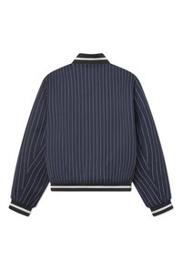 Navy bomber jacket with white vertical stripes, ribbed collar and cuffs, elastic waist, lightweight fabric, and smooth texture.