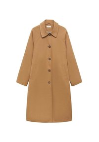 Cappotto lungo marrone con colletto, 6 bottoni sulla parte anteriore, tasche laterali e una texture liscia. Presenta maniche raglan e una silhouette strutturata.
