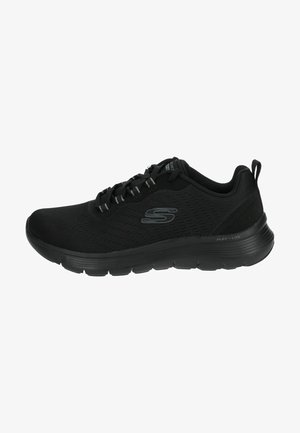 Black athletic shoes with a textured mesh upper, flexible sole, padded collar, and reflective accents for visibility.