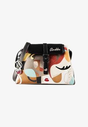 Structured handbag with abstract multicolor face design, black flap, strap, and Anekke logo on front, featuring a heart and lips detail.