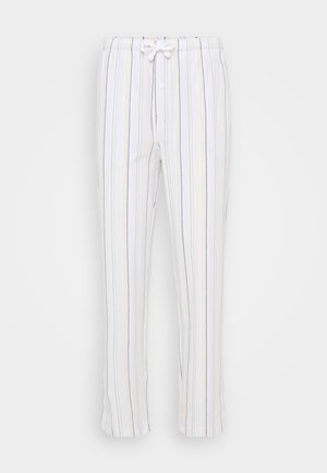 Pantaloni de pijama raiati, albi, cu dungi colorate verticale, dotati cu talie elastica, siret si inchidere cu nasture in fata.