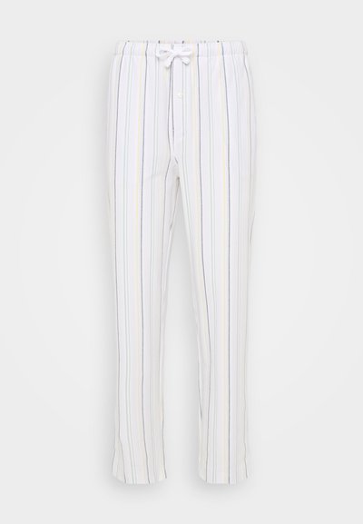 Gestreepte pyjamabroek in het wit met verticale gekleurde strepen, voorzien van een elastische tailleband met een trekkoord en een knoopsluiting aan de voorkant.