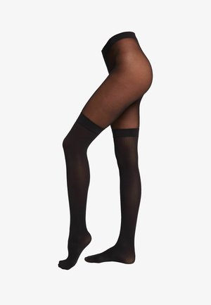 Sorte lårhøje strømper med en gennemsigtig finish, tekstureret vertikal ribbning og tætte toppe. Elastiske bånd for sikker pasform.