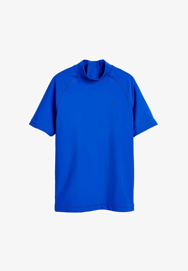 Tricou de protecție cu mânecă scurtă, de culoare albastră, cu guler înalt, realizat dintr-un material elastic. Prezintă cusături plate și un logo subtil pe piept.