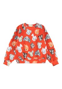 Red sweatshirt featuring a printed pattern of various animal faces, including cats, dogs, and rabbits. Soft fabric, round neckline, and long sleeves.