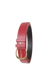 Roter Kunstledergürtel mit elegantem Design, ausgestattet mit einer goldfarbenen Schnalle und Akzenten, glatter Oberfläche und verstellbaren Löchern.