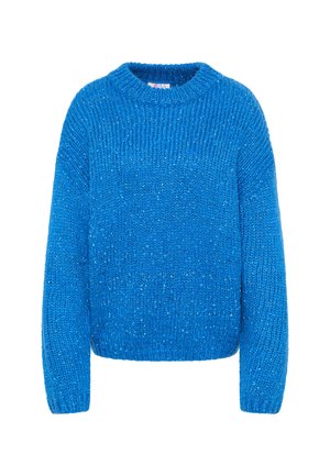 Tarkabolyhos pulóver élénk kékkel, hosszú ujjal és bordás kerek nyakkivágással, mandzsettákkal és aljjal.