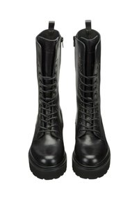 Stivaletti neri in pelle con design allacciato, chiusura con zip e suola in gomma testurizzata con tacco leggero. Finitura liscia.