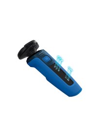Rasoi elettrico in plastica blu, con una testa di rasatura nera, pulsante di accensione e un design ergonomico con una superficie liscia.