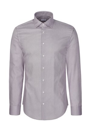 Herrenhemd mit langen Ärmeln und Knöpfen, mit kleinem geometrischem Muster in Helllila und Weiß, spitzem Kragen und geknöpften Manschetten.