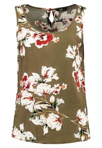 Top sans manches floral en olive, avec de grandes fleurs blanches et rouges ornées d'accents verts, décolleté rond et détail d'ouverture en forme de clé au dos.