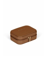 Brown leather rectangular case with a textured surface, featuring a gold zipper and embossed brand logo on the top.