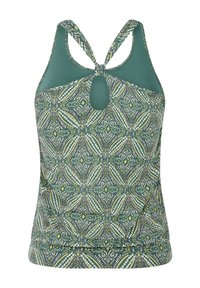 Mönstrad linne med en teal bakgrund och detaljerad blommönster i grönt, gult och vitt. Har korskorsade axelband och en nyckelhålsutskärning.